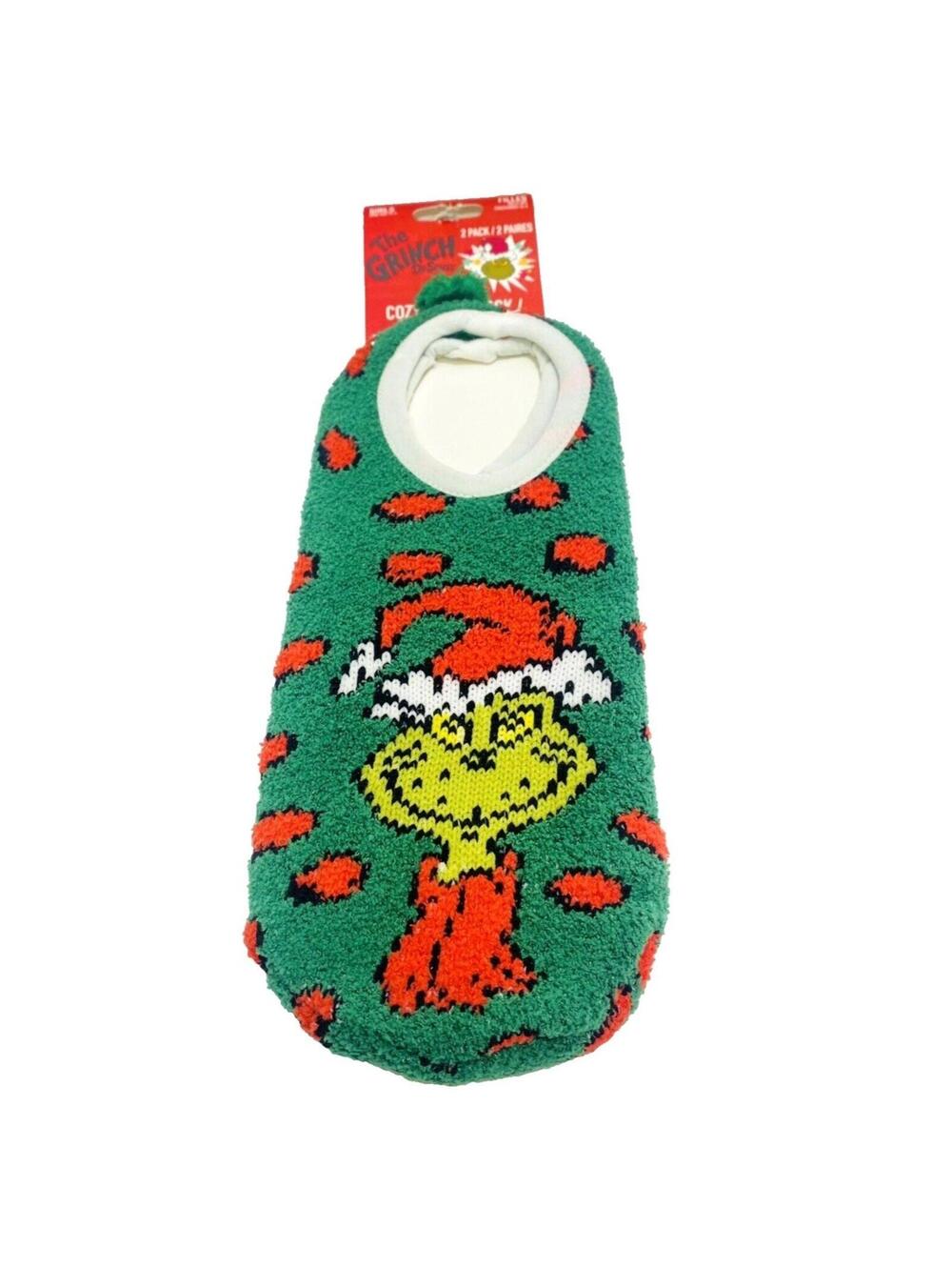 Dr. Seuss The Grinch Fuzzy Sock House Slippers 2pk Green Christmas Ankle Socks